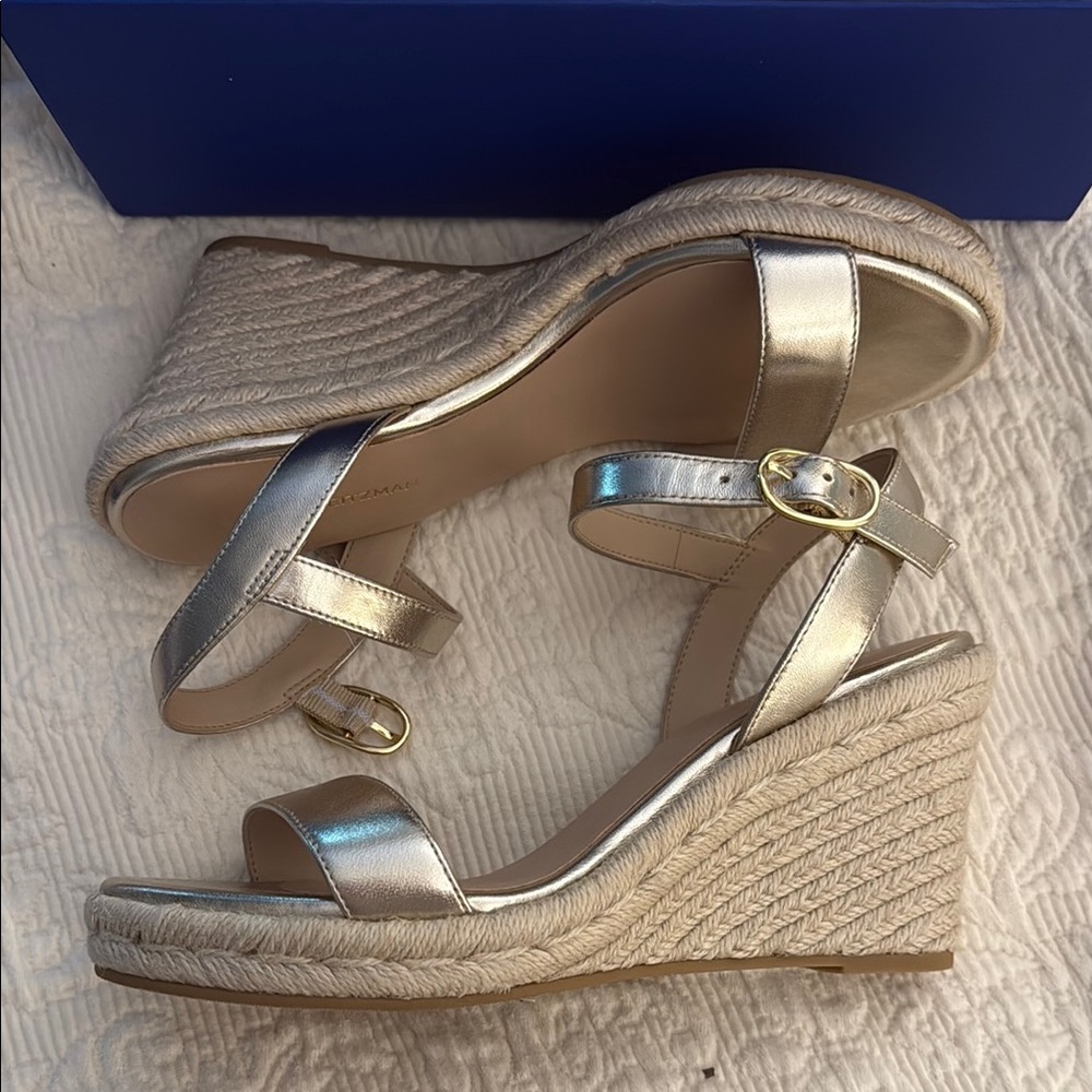 Stuart Weitzman Metallic Wedge Sandals in Box